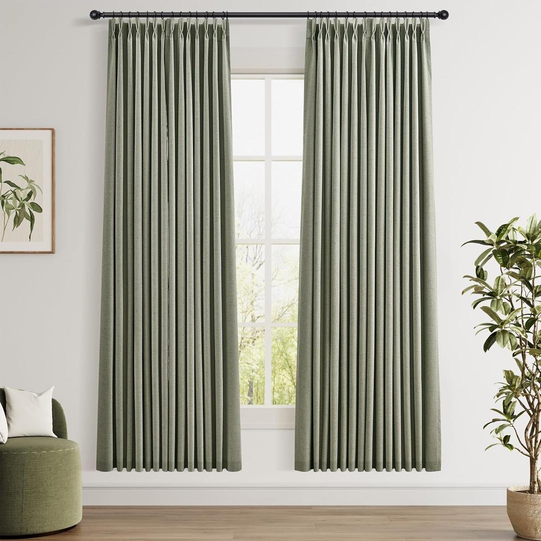 Sage Green Pinch Pleat 100% Blackout Linen Curtains 72 Inches Long 2 Panels Set Thermal Insulated Pleated Linen Curtains for Bedroom Living Room Darkening Pleat Drapes with Hooks Rings Clips 40x72