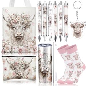 6 Pcs Highland Cow Gift Set for Women Pink Highland Cows Stuff with 20 oz Tumbler Canvas Tote Makeup Bag Keychain Pens for Girls Animal Lovers