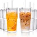 KEMORELA 6-Pack Ribbed Glass Tumblers with Lids & Straws  Vintage Style Iced Coffee Cups, Durable Smoothie & Cocktail Drinking Glasses, Reusable Clear Glassware for Home, Cafe, Office (6)