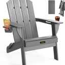 Folding Adirondack Chair, Wooden Textured Plastic Adirondack Chairs with 2 Cup Holder, Weather Resistant HDPE Fire Pit Chair, Outdoor Patio Chairs for Garden, Backyard, Lawn, Deck, 380LBS, Grey