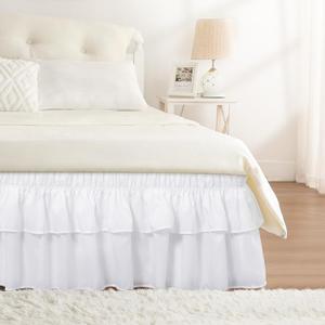 RIMELA Queen Size Ruffle Bed Skirt 14 Inch Drop - White Double Layered Wrap Around Dust Ruffle, Romantic Cute Design Bedskirt with High-Density Fabric, Soft Stretchy, Easy Install for Queen Bed