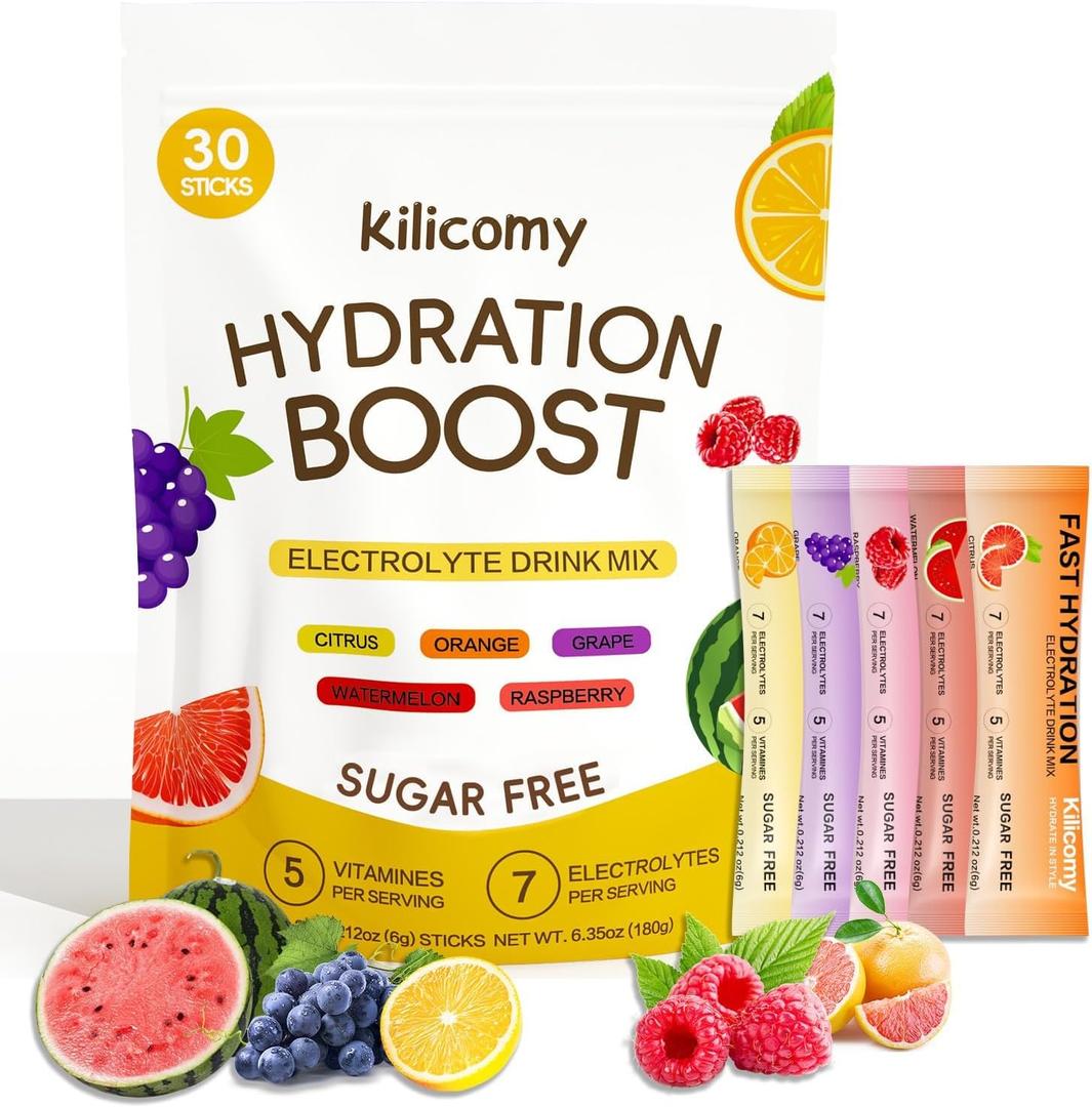 Sugar Free Electrolyte Powder Packets, 5 Vitamins & 7 Electrolytes for Fast Hydration, Keto Friendly, Non-GMO, Certified Vegan, 30 Sticks (EXP 01/14/27)