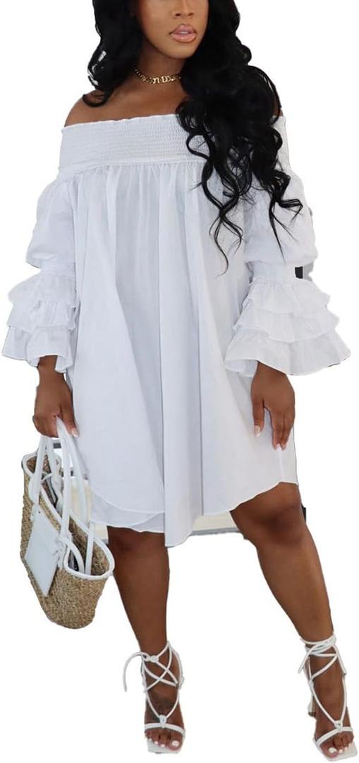 WOKANSE Women's Casual Plus Size Shirred Dresses Off Shoulder Bell Sleeves Ruffle Loose Stretchy Neck Midi Dress (White, L)