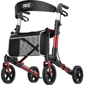 VOCIC Walkers-for-Seniors-with-Seat, Lightweight-Rollator-Walker-with-Seat-and-Brakes, Folding-Rolling-Walker-with-Wheels, All Terrain (Chili Red)