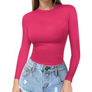 MANGOPOP Crew Neck Long Sleeve T Shirts for Women Fitted Shirts Tight Neck T Shirts Basic Tee Tops (Medium, Pink)