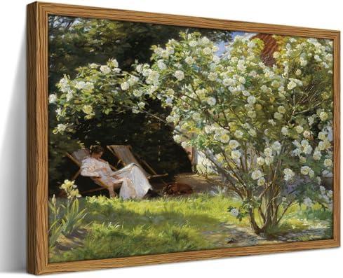 Framed French Country Wall Art, Romantic Secret Garden Picture Wall Decor Painting, Rustic Cottagecore White Roses Landscape Canvas Prints for Bathroom Living Room Office Home Decor-16×24inch
