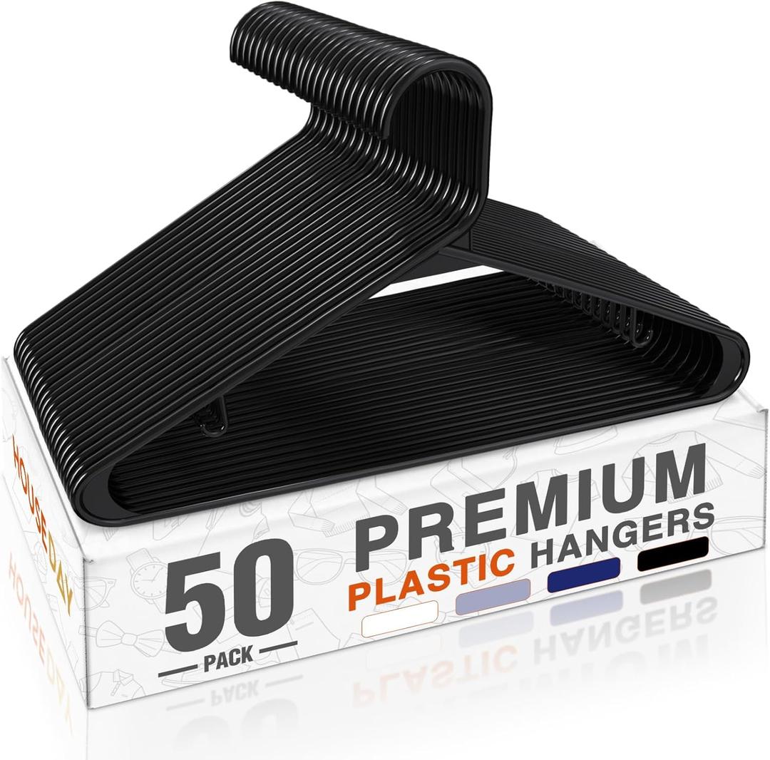 HOUSE DAY Black Plastic Hangers 50 Pack, Plastic Clothes Hangers with Built-in Hooks, Durable and Strong Plastic Coat Hangers for Closet, Space Saving Clothing Hanger for Shirts, Coats, Skirt, Dress