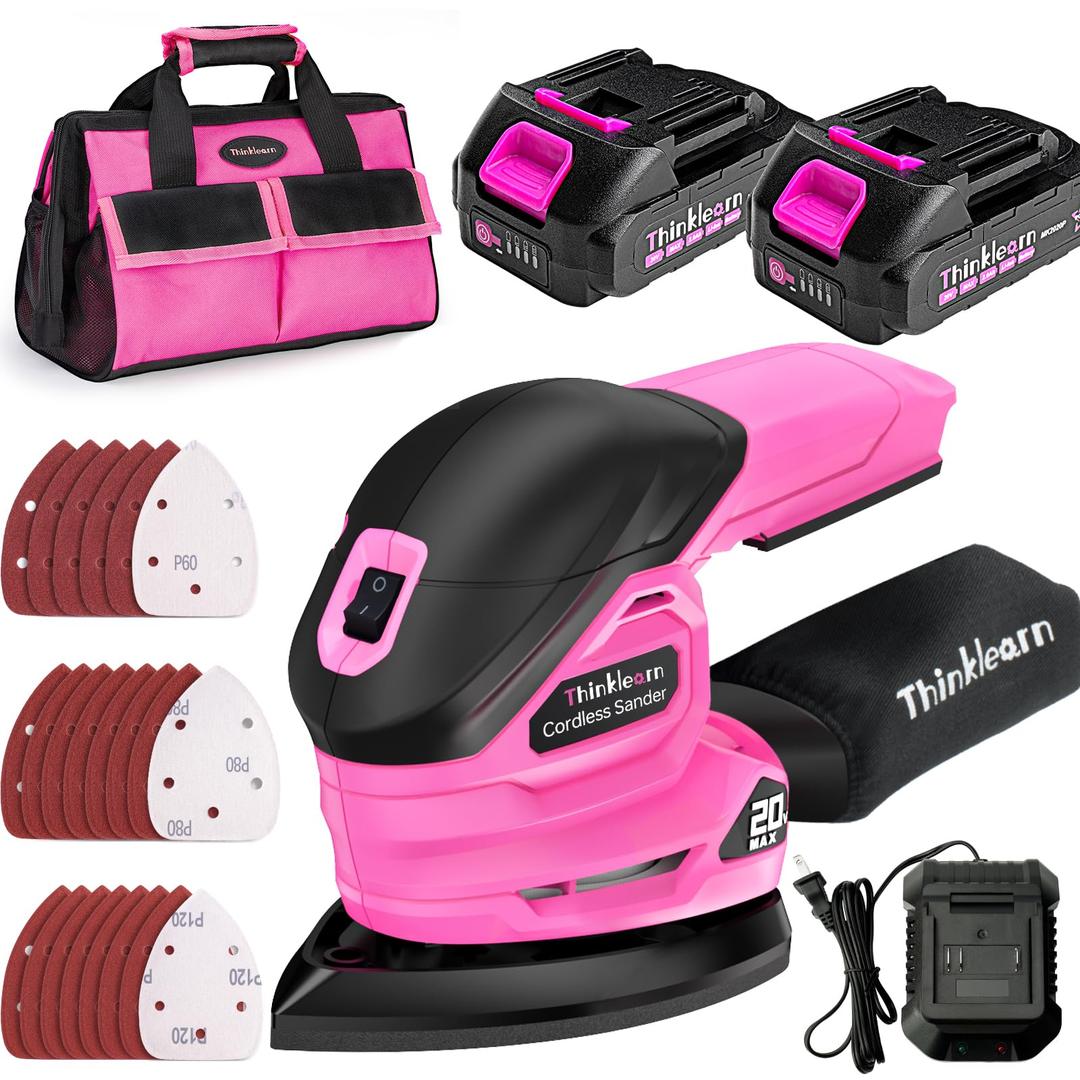 THINKLEARN Cordless Detail Sander with 2Pcs Batteries and Charger, 20V Electric Hand Sander with 22Pcs Sandpapers & Dust Collection System, Palm Sanding Tool for Woodworking, Polishing Wood Furniture