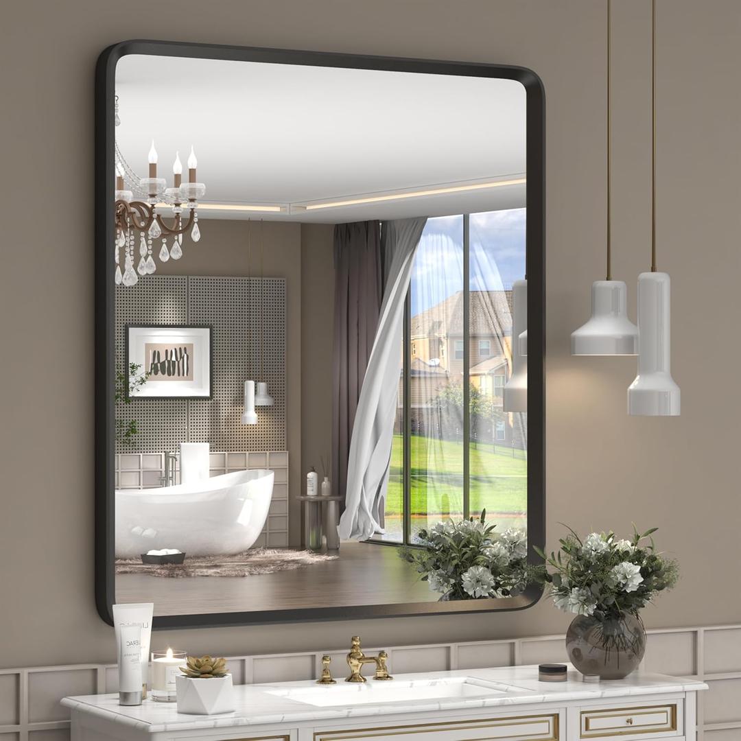 28x32 Inch Black Matte Framed Mirror for Bathroom, Rounded Rectangle Mirror, Bathroom Vanity Mirror for Wall, Anti-Rust, Shatterproof (Horizontal/Vertical)