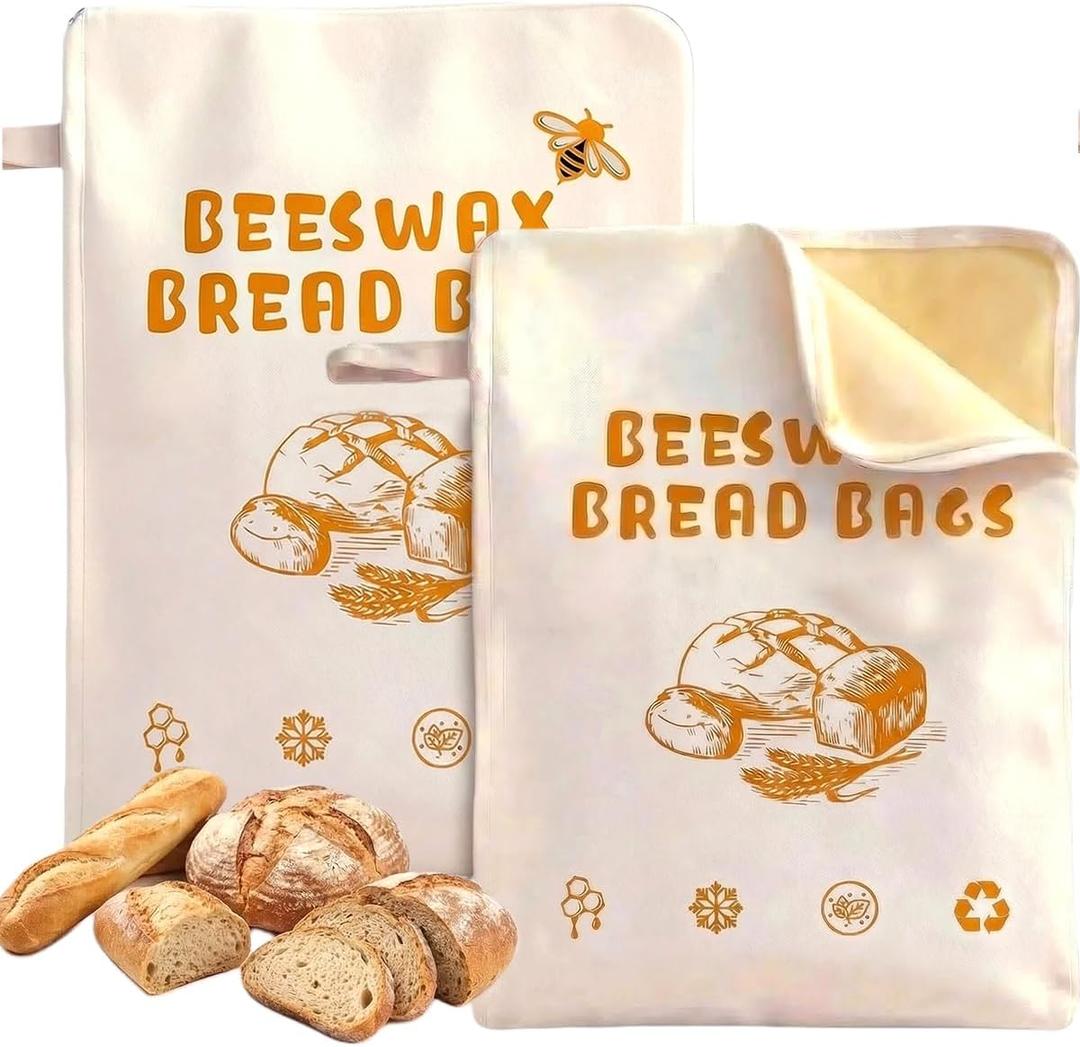 2-Pack Extra Large Beeswax Bread Bags with Zipper Seal Reusable Bread Storage Bags, Eco-Friendly Natural Beeswax Lining, to Keep Homemade Bread Fresh for Sourdough & Artisan Loaves (yellow) | with Zipper, reusable