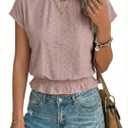Elastic Waist Eyelet Tops for Women Summer Smocked Crewneck Short Sleeve Tee Crop Casual Plain T Shirts for Vocation Work (Pink, L)