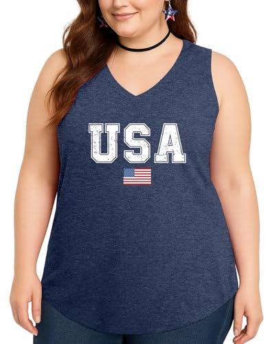 Flafens 4th of July Tank Tops for Women - Patriotic USA Flag Plus Size V-Neck Tank Independence Day Womens 4th of July Tops, 2X-Large