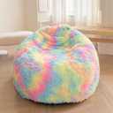 XeGe Kids Fluffy Faux Fur Bean Bag Chair Cover (No Filler), Soft Furry Stuffed Animal Storage Bean Bag Cover for Plush Toys, Shaggy Fuzzy Beanbag for Kids Teens Girls Children, Anti-Slip, Rainbow (Small(28"x28"x32"))