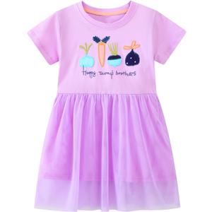 Toddler Girls Cotton Embroidery Applique Short Sleeve Dresses 2-7Y (Purple)