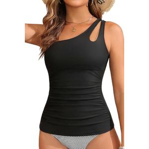 Tankini Tops for Women Swimwear - One Shoulder Swim Top Only Tummy Control Bathing Suit Top No Bottom 2025 (Medium, Black)
