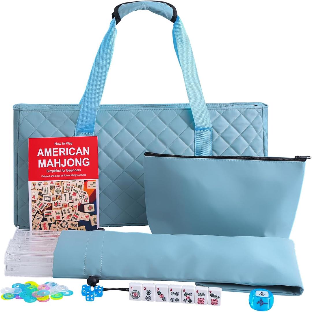 Jongyance American Mahjong Set with Light Blue Carrying Bag, 166 White Tiles, 4 Racks with Pushers, Mahjong Tiles Set for Beginners