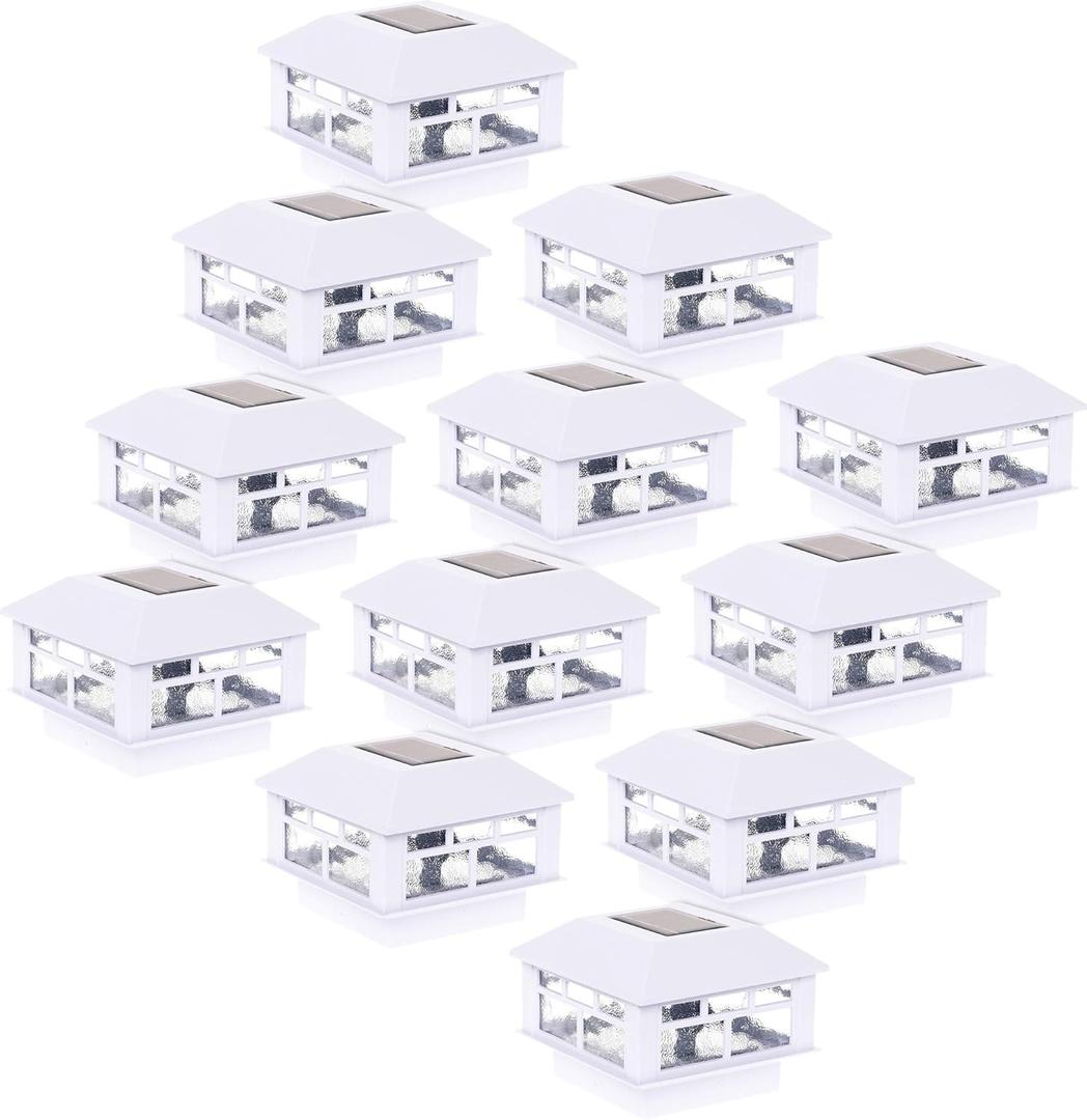 GreenLighting Modern Solar Post Cap Lights Fits 4x4 Wood, 5x5 PCV/Vinyl Outdoor Solar Powered Fence Light, Landscaping, Deck, Garden- Bright LED, Waterproof White 12 Pack