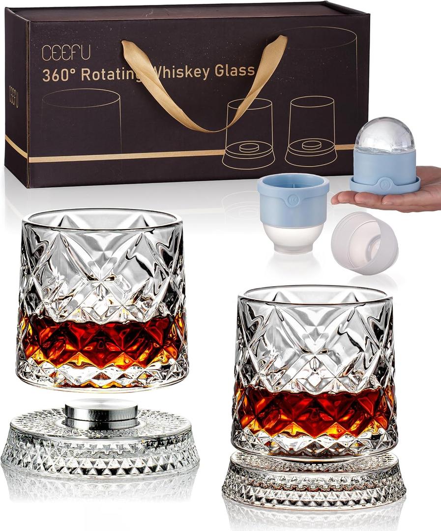 CEEFU 360 Spinning Whiskey Glasses Set with Gift Box, Set of 2 | Old Fashioned with Rotating Base - 2 Big Ice Ball Molds - Bourbon, Cocktail, Rocks, Bday Gifts Ideas for Men, Ice Crackle, 9.5 oz-Ice Crackle Pattern