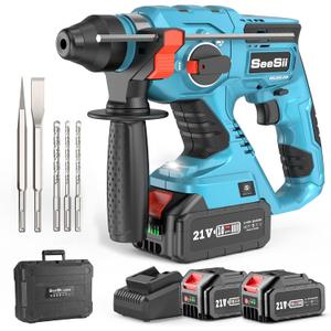 Seesii Cordless SDS-Plus Rotary Hammer Drill for Concrete, 2 4.0Ah Batteries, Includes 3 Drill Bits, Flat & Point Chisels, Lightweight Power Tool for Home Improvement, DIY & Masonry