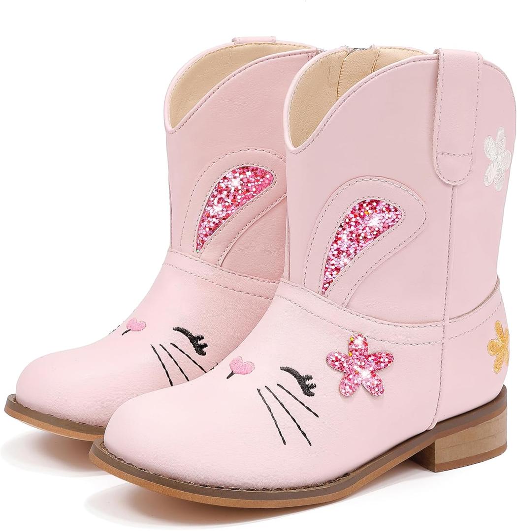 Parrosoo Toddler Cowboy Boots Little Girls Cowgirl Boots Pink Kids Boot Size 11 Ankle Zipper Bunny Western Boy Cowboy Horse Riding Shoes Birthday Party Wedding (8601 Ra Pink 11)
