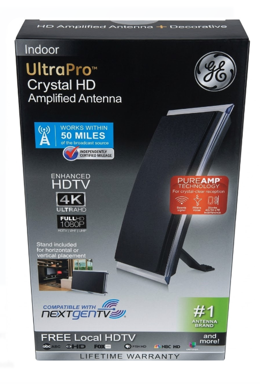 General Electric Crystal Amplified HDTV Antenna, 50-mile Range, VHF 1080P 4K, Black, 48732