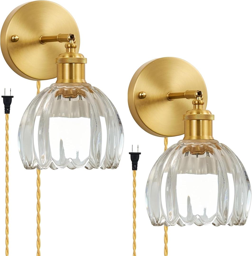Plug in Wall Sconces Set of 2, Vintage Wall Lamp with 6.5FT Plug in Cord Clear Tulip Glass Shade Decor Indoor, Gold Wall Light for Bedroom Bedside Kids Living Room Bathroom