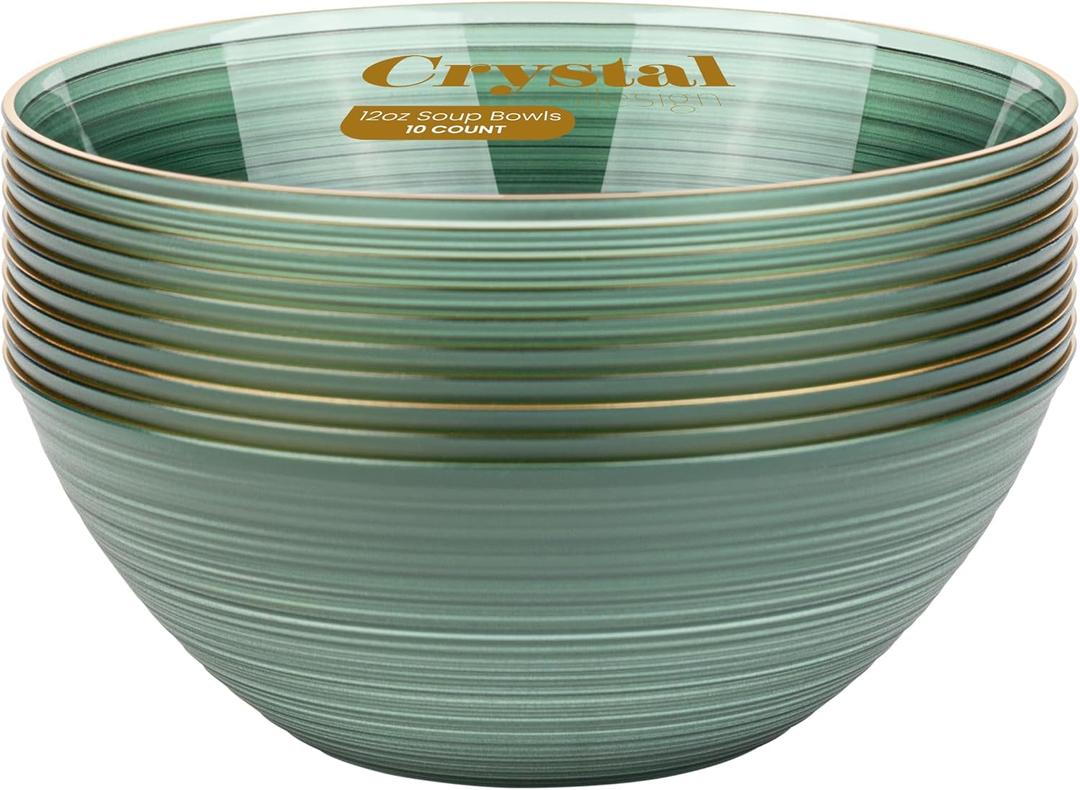 PLASTICPRO 32 Pieces Crystal Design Plastic Bowls 16 ounce Gold Rim Elegant Disposable Plates, Transparent Green
