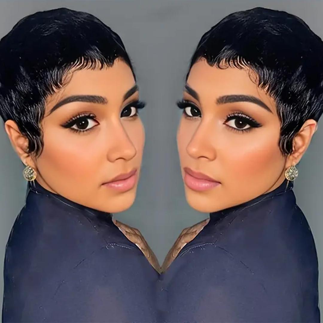 Pixie Cut Wigs for Black Women Pixie Cut Wig Human Hair Short Layered Wigs Full Machine Made Short Haircut Wig Glueless with Bangs Black Color