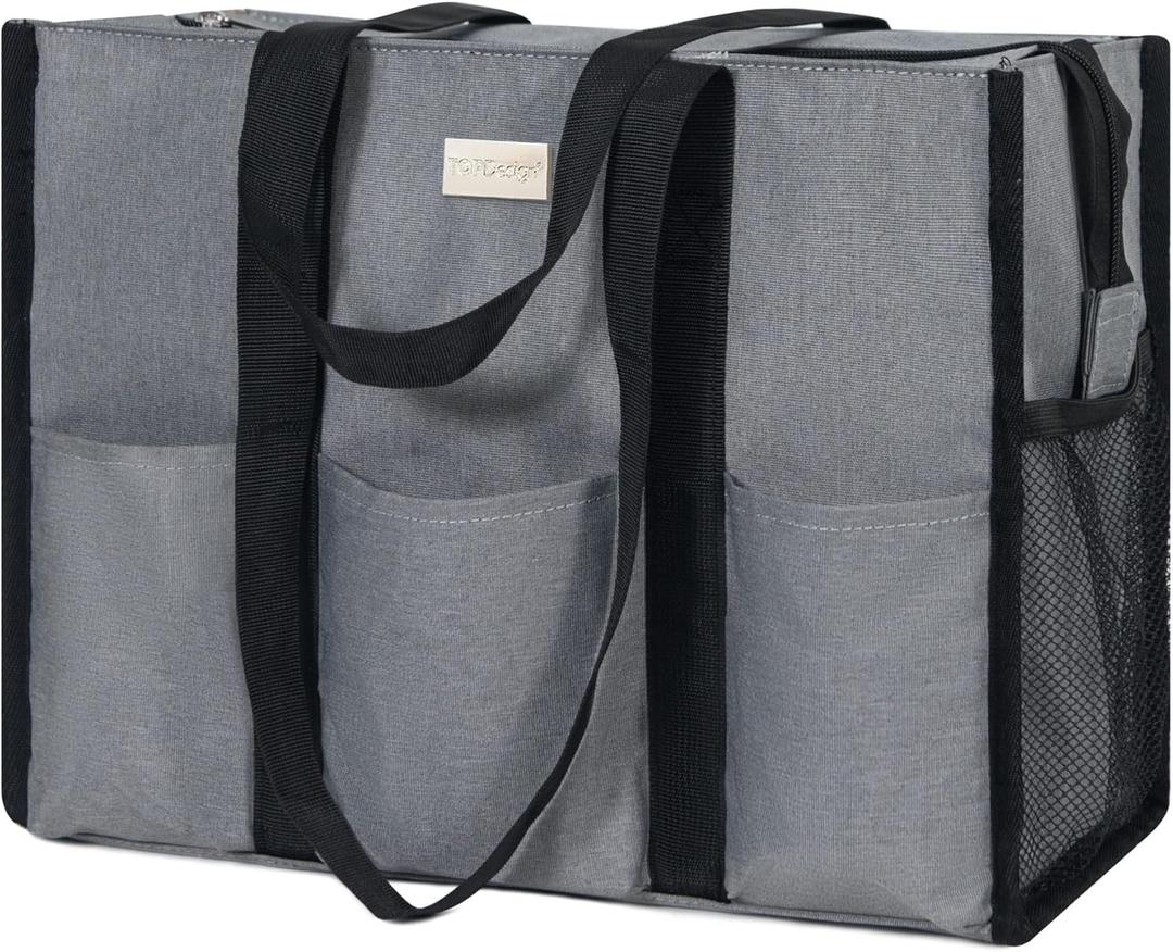 TOPDesign Utility Water Resistant Tote Bag with 13 Pockets, Top Zipper Closure & Thick Bottom Support, for Working Women (Medium, Light Grey)