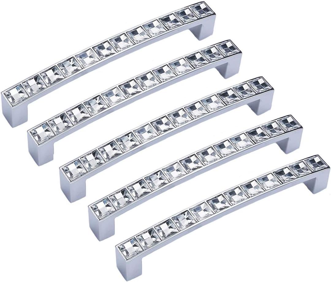 abcGoodefg Modern Decorated Crystal Glass Rhinestone Cabinet Handle Pulls Knobs, 5.3" Length (5" Hole Centers), Clear Silver, Zinc Alloy, 5-Pack