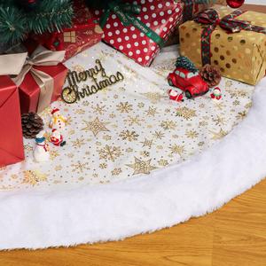 AerWo Christmas Tree Skirt 36 Inch - White Tree Skirt Faux Fur Xmas Trees Skirts with Gold Sequin Snowflakes, Christmas Trees Decorations Ornaments for Party Holiday Home Decor Indoor Outdoor