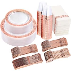 I00000 50 Guests Clear Rose Gold Plastic Plates - Disposable Dinnerware Set Includes: 100 Clear Rose Gold Plastic Plates, 150 Silverware, 50 Napkins, 50 Cups Perfect for Party & Wedding (350 Piece(50 Guests), Clear Rose Gold)