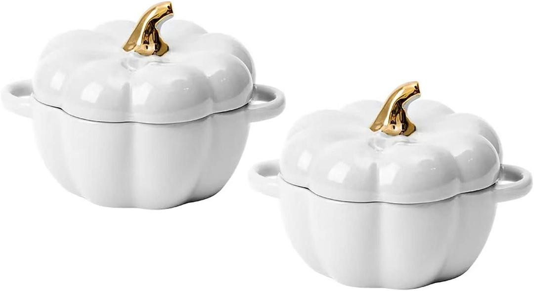 Pumpkin Bowl Set with Lid and Handle, Set of 2 Ceramic Ramekins for Baking, Casserole Dish Individual Severing Pot, Stoneware, Oven Safe, 14 Oz (White)