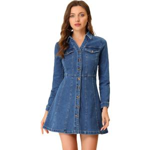 Allegra K Women's Denim Dress Button Down Collar V Neck Long Sleeve A-line Cotton Jean Dress (Blue) L