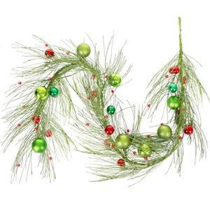 Jutom 6 Ft Christmas Elf Garland Green Glitter Rattan Garland with Green Red Christmas Balls Xmas Hanging Decor for Front Door Fireplace Table Centerpiece Home Party Supplies