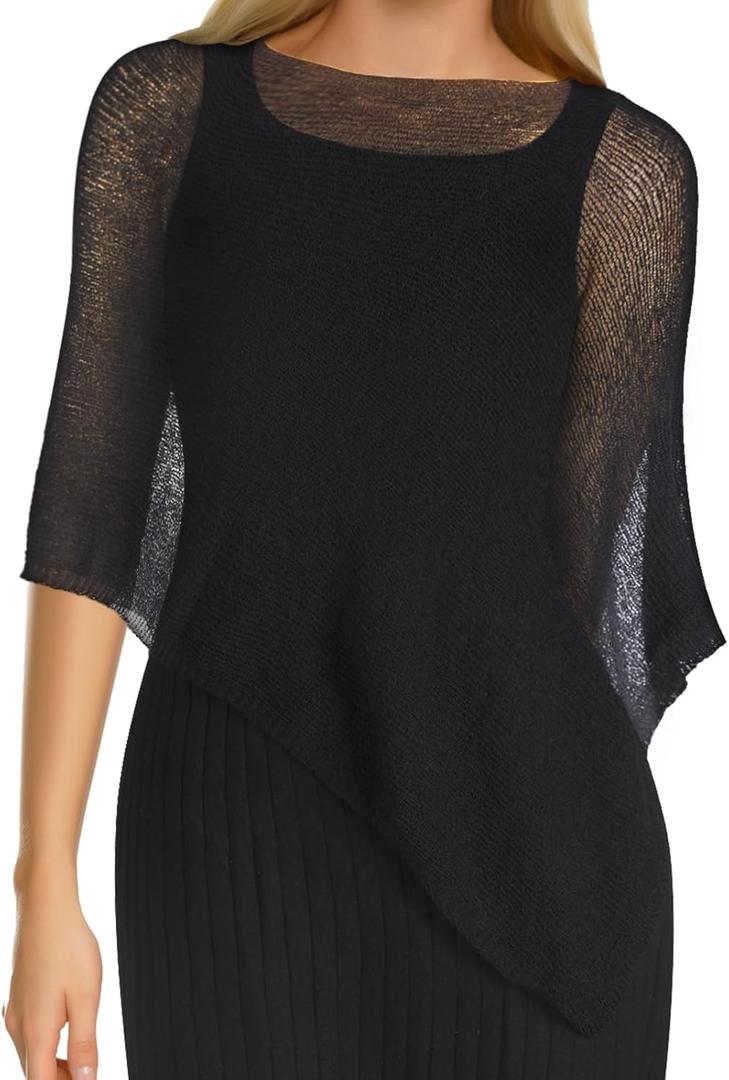 1 Pcs Women Sheer Poncho Shrug Summer Sheer Blouse Top Lightweight Poncho Sheer Bolero for Formal Evening Dress (Black)
