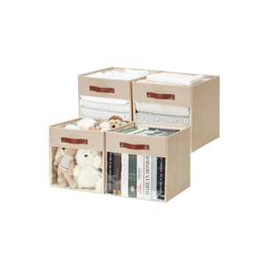 Storage Cube Organizer with Clear Window, Linen Collapsible Storage Boxes with PU Handles, Cube Storage Bins for Shelf, Closet, Cabinet, Bookcase (13x13x13, Khaki)