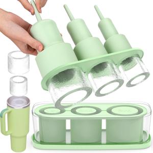 Ice Cube Tray for Tumbler Cup 30Oz-40Oz, 3 Pcs Silicone Cylinder Ice Mold with Lid and Bin for Freezer, Easy Fill and Release Ice Maker for Whiskey, Cocktail BPA-Free (Green, 40Oz)