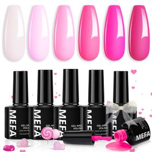 MEFA Pink Gel Nail Polish Set 6 Colors, Hot Pink Valentine's Day Shades Spring Neon Light Bright Magenta Electric Tones Craze Nail Art Design at Home DIY Decorations Manicure Kit Gifts for Women (1A-Sweet Cherry)