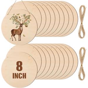 Suzile 20 Pcs Blank Wood Rounds Unfinished Wooden Crafts Signs Circles Discs for DIY Christmas Home Decor Painting Door Hanger Design(8 Inch)
