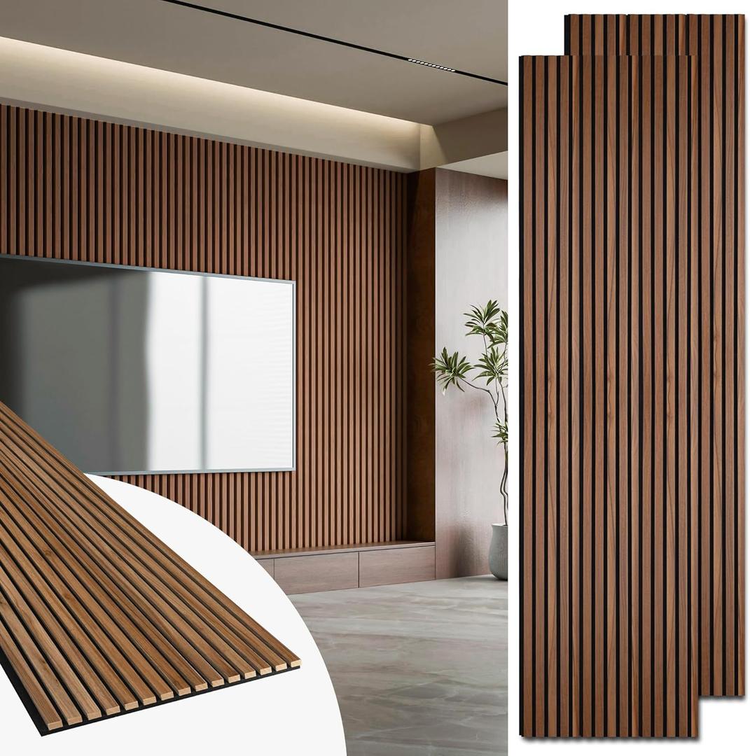 Art3d 2 Pack 94.5 x 24 inch Wood Slat Acoustic Panels for Wall & Ceiling - 31 sq.ft 3D Fluted Sound Absorbing Panel with Wood Finish, Walnut