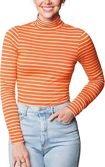 Zengjo Striped Turtleneck Women Long Sleeve Fitted High Neck Top Lightweight Soft Stretchy M