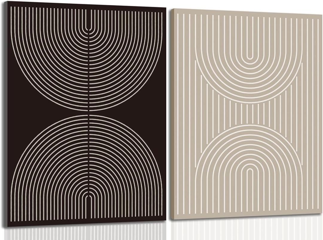 Modern Abstract Line Wall Art Set of 2, Mid Century Black and Beige Wall Decor, Minimalist Boho Poster Canvas Prints Aesthetic Picture for Bedroom Living Room 16x24 inch Framed (Canvas Wrapped Wood 16x24 Inches, Black Beige)