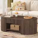 Coffee Table with Storage, Mid Century Modern Wood Fluted Center Table with Shelf, Oval Coffee Tables with Drawer (Dark Walnut, 43.31 Inch)