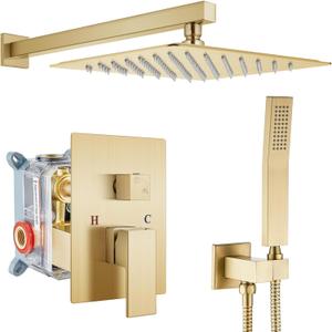gotonovo Rainfall Bathroom Shower System Rain Shower Head and Handle Set Wall Mounted Shower Complete Combo Solid Brass Pressure Balancing Shower Mixer Valve 12 Inch, Brushed Gold