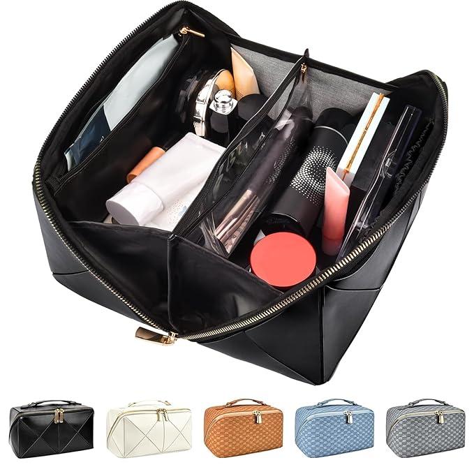 stona Travel Makeup Bag for Women, Large Capacity Checkered Cosmetic Bags, Portable Pouch Open Flat Toiletry Bag, Make up Organizer with Handle