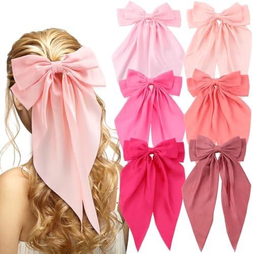 Yuxung 6 Pcs Coquette Large Pink Bow for Girls Women Oversized Long Tail Clip Barrette Ribbons Satin Bows Cute Bowknot Hair Accessories Gift for Birthday Galentine's Day Holidays