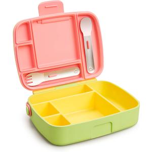 Munchkin Lunch Bento Box for Kids and Toddlers, Includes Stainless Steel Utensils, BPA-Free, 18 Months and Up, Pink/Green/Yellow