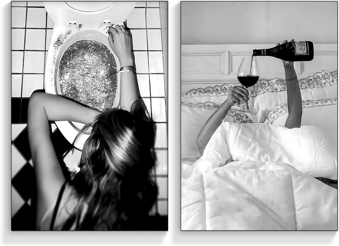 2pcs Trendy Wall Art Black and White Preppy Aesthetic Canvas Poster Vintage Fashion Feminist Pictures Teen Girl Funky Home Wall Decor for Bathroom Living Room Champagne Bar Cart 12x16 inches Unframed