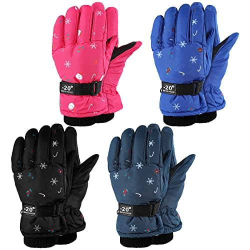 Hicarer 2 Pairs Winter Gloves for Kids Waterproof Snow Ski Gloves Girls Boys Warm Unisex Youth Clothes for Cold Weather(Dark Blue, Pink, Black, Blue,6-12 Years Old)